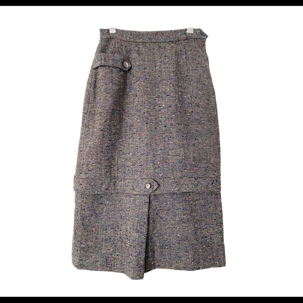 Vintage 60s Tweed Midi Pencil Skirt Flecked Woven Wool Iridescent Buttons Grey S